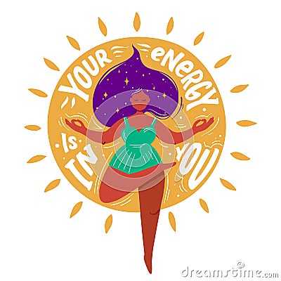 Chubby girl in yoga pose with outstretched arms and gyan mudra with quote Vector Illustration