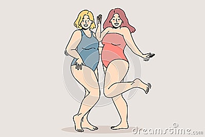 Chubby girls in swimsuits acceptance their bodies. Vector Illustration