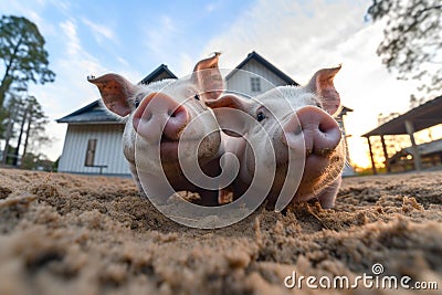 Chubby Piglets Snuggling in Mud Puddle at Farmhouse Stock Photo