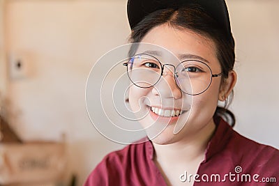 Chubby plump teen cute white tooth smile Asian young student Stock Photo