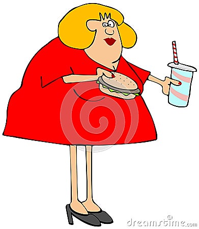 Chubby woman holding a burger and soft drink Stock Photo