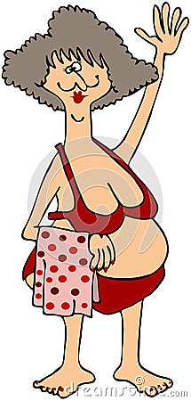Chubby Woman In A Red Bikini Cartoon Illustration