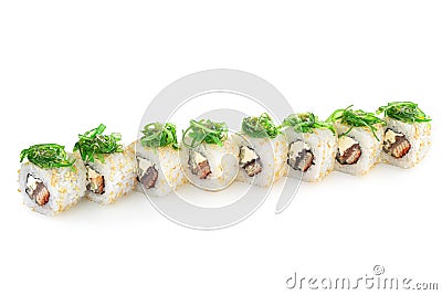 Chuka unagi roll on a white background , classic Japanese sushi. Stock Photo