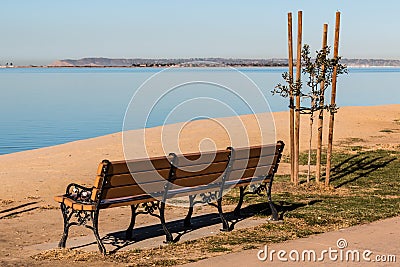 Chula Vista Bayfront Park bench with San Diego Bay Stock Photo