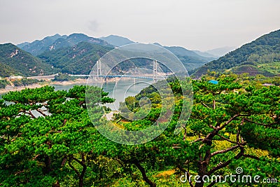 Chungju lake and mountains, bridge in Jecheon, korea Stock Photo