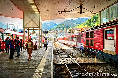 CHUR, SWITZERLAND, AUG, 20, 2010: View on Glacier Express panoramic mountain train railway station. Zermatt Editorial Stock Photo