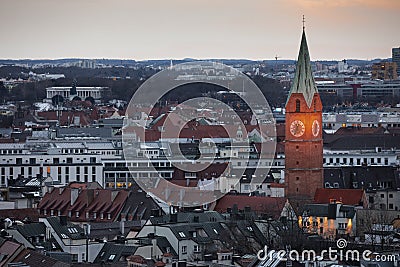 Church Allerheiligenkirche am Kreuz of city Munich during evening from above Editorial Stock Photo