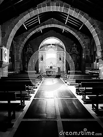 Church altar and benches black and white Editorial Stock Photo