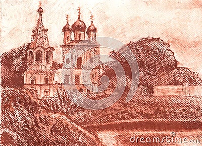 Church on the Bank of the Vologda river, Sepia Stock Photo