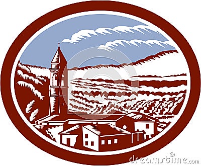 Church Belfry Tower Tuscany Italy Woodcut Vector Illustration
