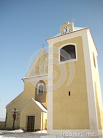 Church and bell tower in old town Benesov Stock Photo