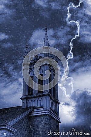 Church Bell Tower in Storm Stock Photo