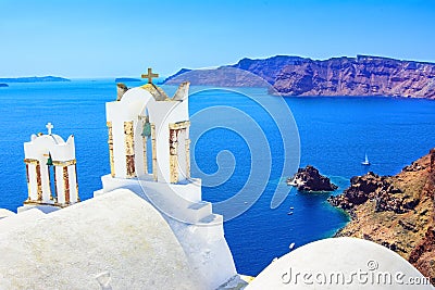 Church bells on a Greek Orthodox Church, Oia, Santorini, Greece, Stock Photo