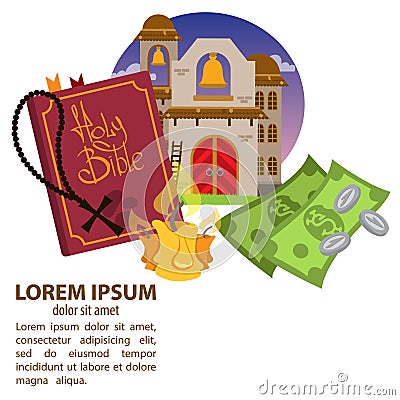 Church, bible and money. Charity leaflet. Wild West Illustration Stock Photo