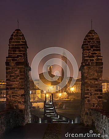 The church of Bobbio town by night, Italy Stock Photo