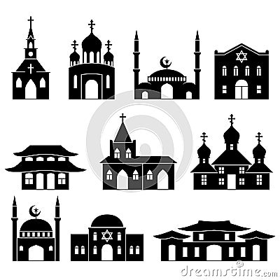 Church building black icons set Vector Illustration