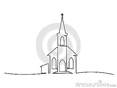 Church building hand drawn. Continuous one line drawing silhouette. Vector Illustration