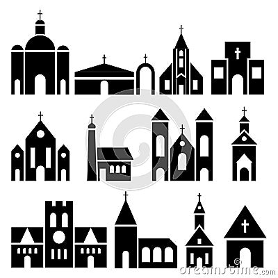 Church building icons. Vector basilica and chapel silhouettes Vector Illustration