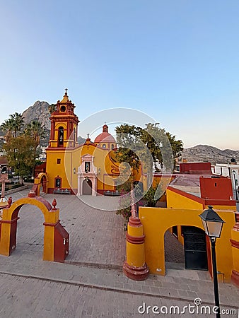 Church in the magical town Bernal where the third largest monolith in the world is located. In Ezequiel Montes, Queretaro, Mexico Stock Photo