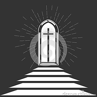 Church chancel, way to God, window with crucifix and holy light, divine worship Vector Illustration