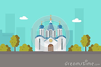 Church christian orthodox or catholic church in city landscape cartoon vector illustration for religion architecture. Vector Illustration
