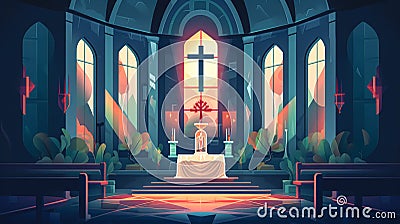 Church with a cross in the interior, generative AI. Stock Photo