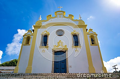 Old church view with stairs, with clouds and blue sky behind Stock Photo