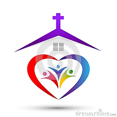 Church family heart shaped home logo, love union happy care concept in church logo on white background Cartoon Illustration