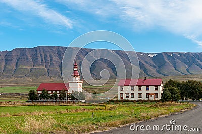 Church and Farm of Grund in Eyjafjordur Iceland Stock Photo