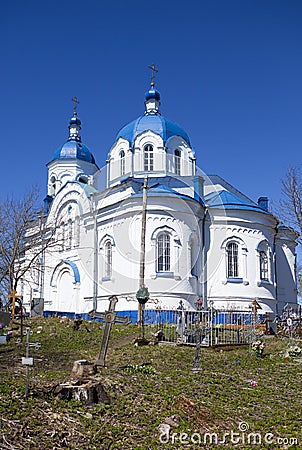 Church of the Feast of the Cross, 19th century, and the remains of the thrown cemetery. The village Opolye, 100 km from St. Pete Stock Photo