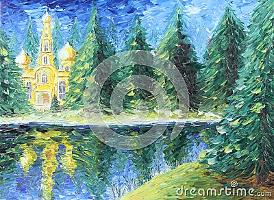 Church in the fir forest lake, oil painting Stock Photo