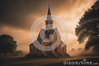 Church in the foggy morning. Conceptual image for faith, spirituality and religion. generative ai Stock Photo