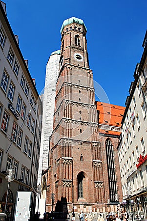 church of Frauenkirche from a side street in Munich Editorial Stock Photo
