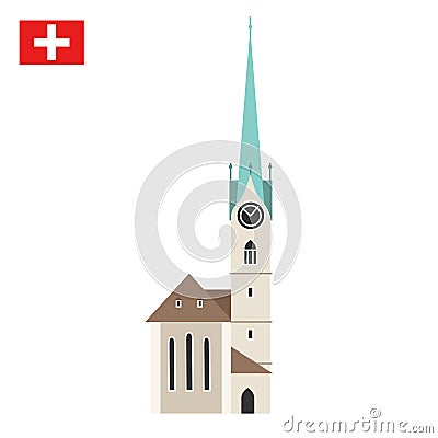 Church Fraumunster in Zurich, Switzerland Vector Illustration