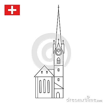 Church Fraumunster in Zurich, Switzerland Vector Illustration