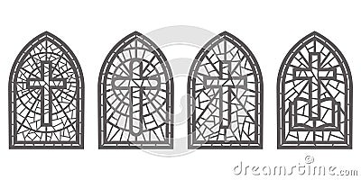 Church glass windows. Stained mosaic catholic and christian frames with cross. Vector outline gothic medieval arches Vector Illustration