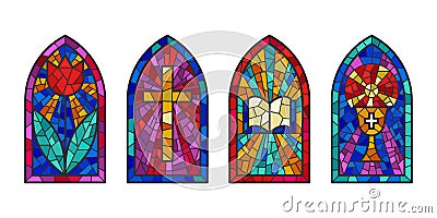 Church glass windows. Stained mosaic catholic frames with cross, book and religious symbols. Vector set isolated on Vector Illustration