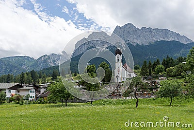 Church at Grainau village under Zugspitze Stock Photo