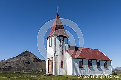 Church at Hellnar with Lava Mountain Stock Photo