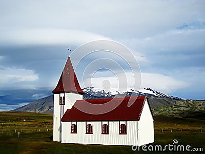 Church in Hellnar with Snaefellsjokull (Iceland) Stock Photo