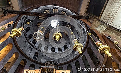 Church of the Holy Sepulchre interior with Dome of Rotunda over Aedicule or Holy Sepulchre chapel in Christian Quarter of historic Editorial Stock Photo