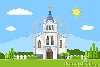 Church icon. Flat summer landscape. Vector Illustration