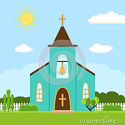 Church icon. Flat summer landscape. Vector Illustration