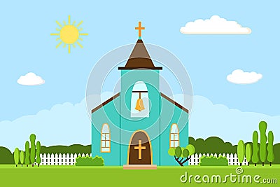 Church icon. Flat summer landscape. Vector Illustration