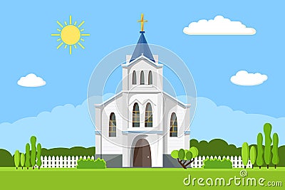 Church icon. Flat summer landscape. Vector Illustration