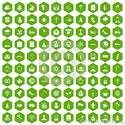 100 church icons hexagon green Vector Illustration