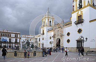 Church Iglesia del Socorro and the Statue of Hercules, Plaza del Socorro, Ronda, MÃ¡laga, Andalusia Editorial Stock Photo