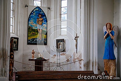 Church interior, Neo-Gothic chapel, Ruins of Horni Hrad, renaissance or neo-renaissance fragments, ancient chateau, arched windows Editorial Stock Photo