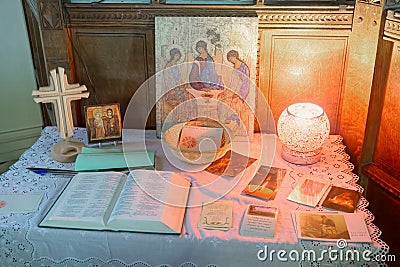 Wooden cross and Church welcome table Editorial Stock Photo