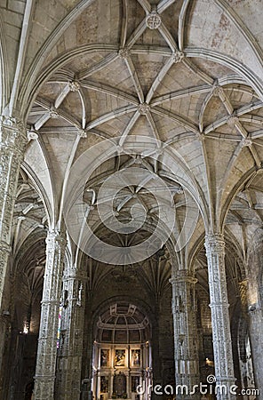 Church interiors of the Jeronimos Monastery Editorial Stock Photo